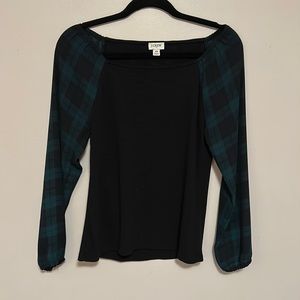 J.Crew Top, Black sweater bodice, Tartan sleeves, like new